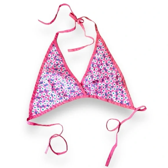 Vintage 1970s Pink & Blue deadstock ditsy floral deadstock halter top - Picture 2 of 6